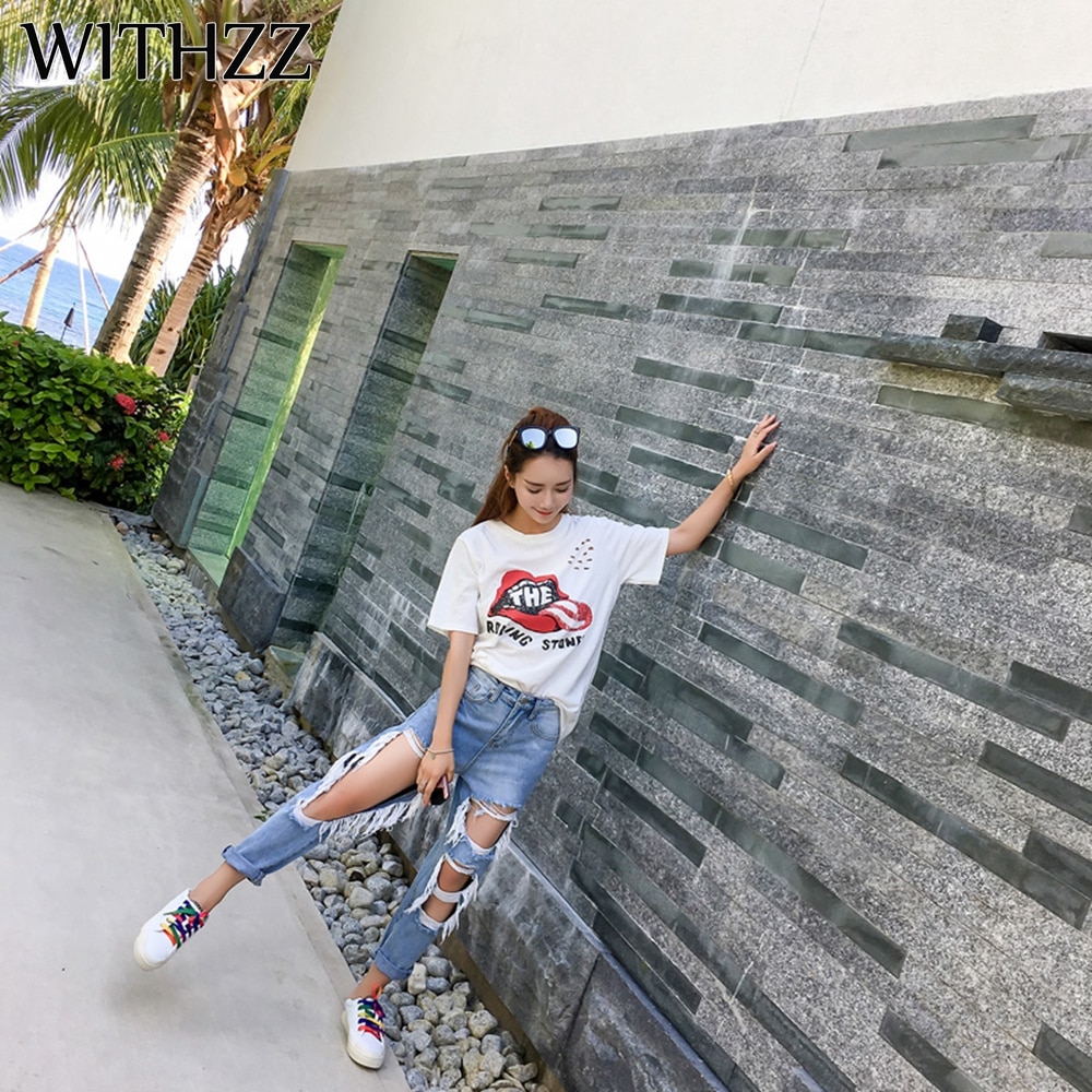 WITHZZ Neue 5XL Zerrissene Jeans frauen verlieren Dünne Jeans Frauen Hosen Reithose Overall Jahrgang Weibliche Zerrissen Hosen