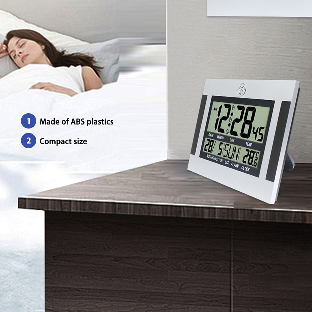 Digital Desk Wall Alarm Clock with Thermometer & Calendar Multifunction Silent LCD Digital Large Screen Electronic Alarm Clock