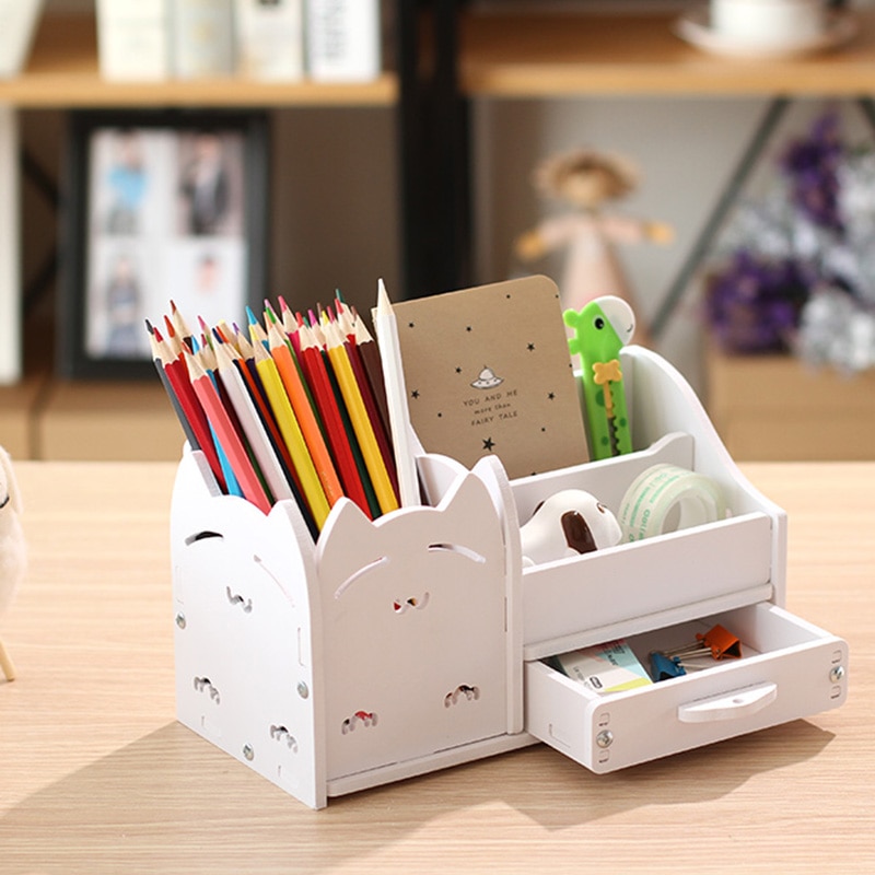 Organisateur de bureau en bois, porte-crayon, support de rangement