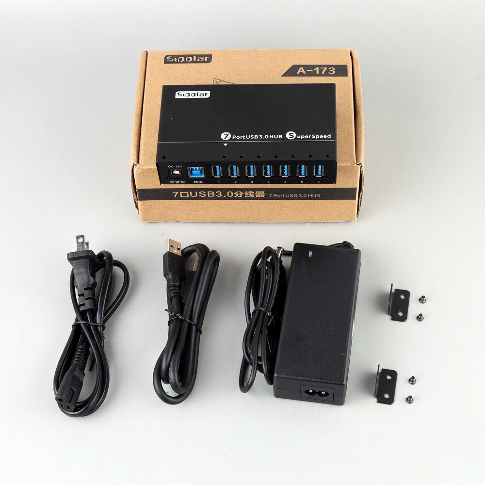 Sipolar Aluminum 7 Ports USB 3.0 Charger Hub Multi Port USB Splitter With 12V 3A Power Adapter LED Indicator Bracket A-173: 7 Port Hub And Power