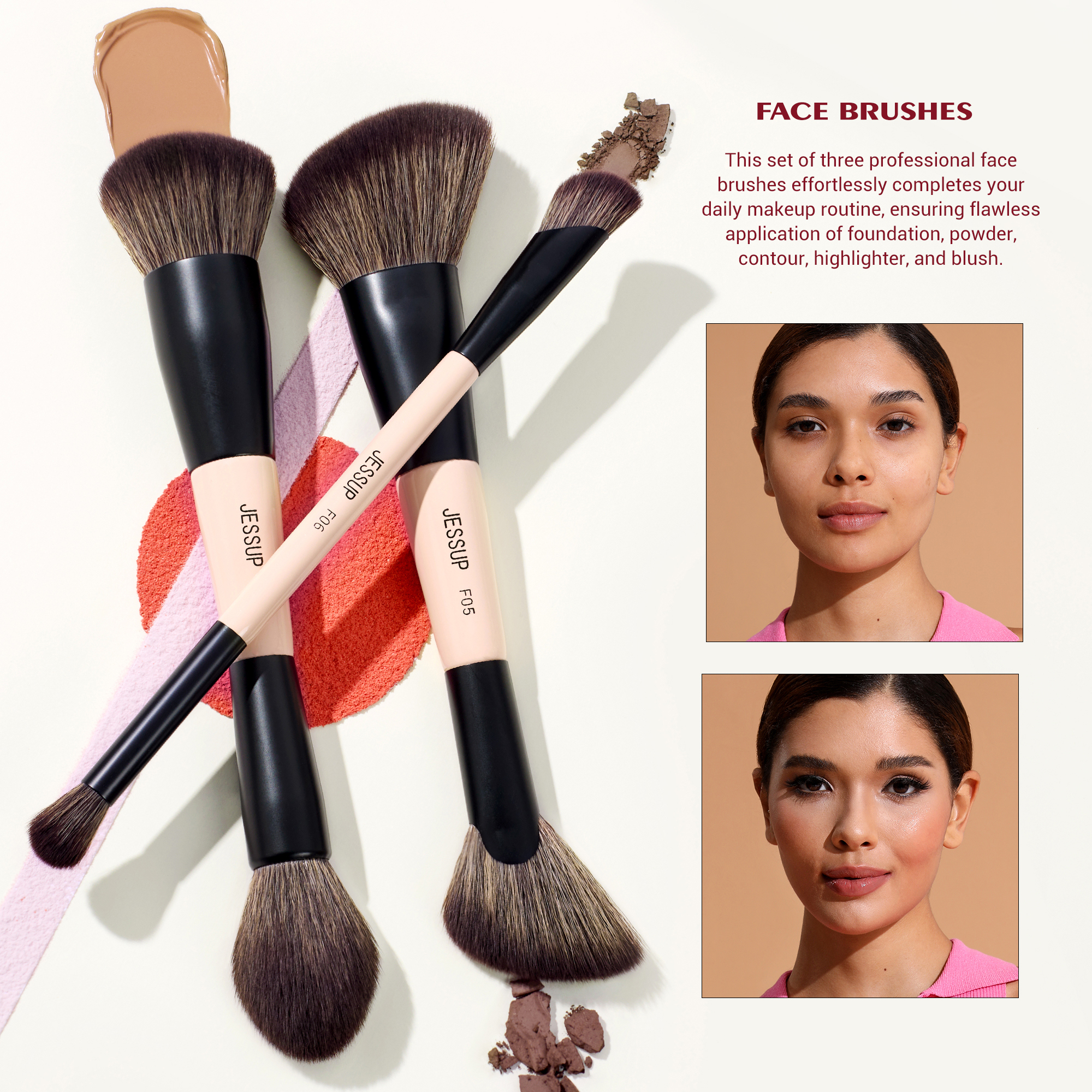 Jessup make-upborstelset met make-upspons, 3/7 stuks dubbelzijdige make-upborstel foundation blush oogschaduw met geschenkdoos