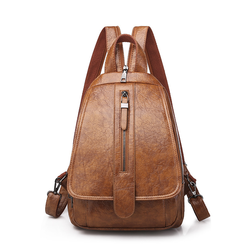 Vintage Women Backpack for Ladies Travel Back Bag Chest Shoulder Bag Good Oil Wax PU Leather Female Backbag Mochila: Brown-1