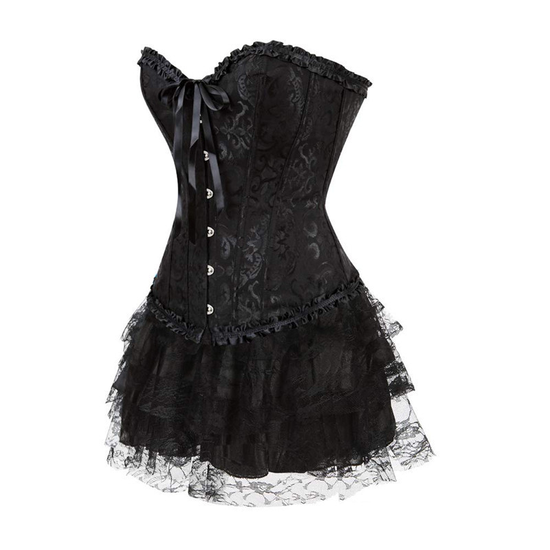 Conjunto Sexy de corsé para mujer, ropa gótica de talla grande con encaje en el pecho, Top de corsé negro con falda, disfraz Burlesque