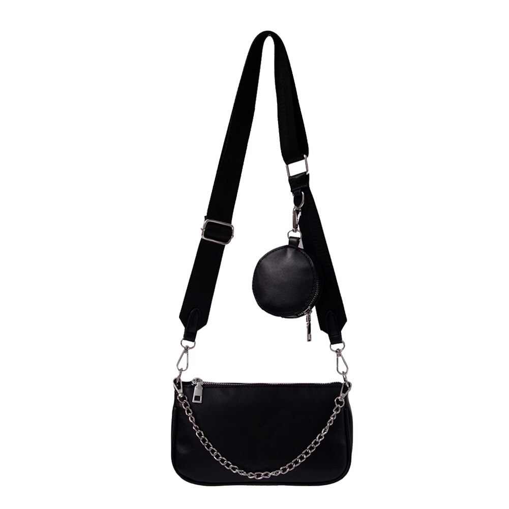 2 sacs à main en cuir PU pour femmes, sac à bandoulière, couleur unie, chaîne, ensemble Composite pour voyage: Style 2 Black