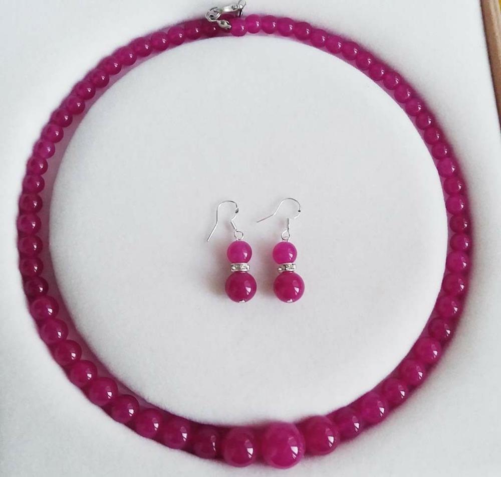 6-14mm Véritable Rose Ruby Pierres Précieuses Ronde Collier Boucles D'oreilles Ensemble 18"