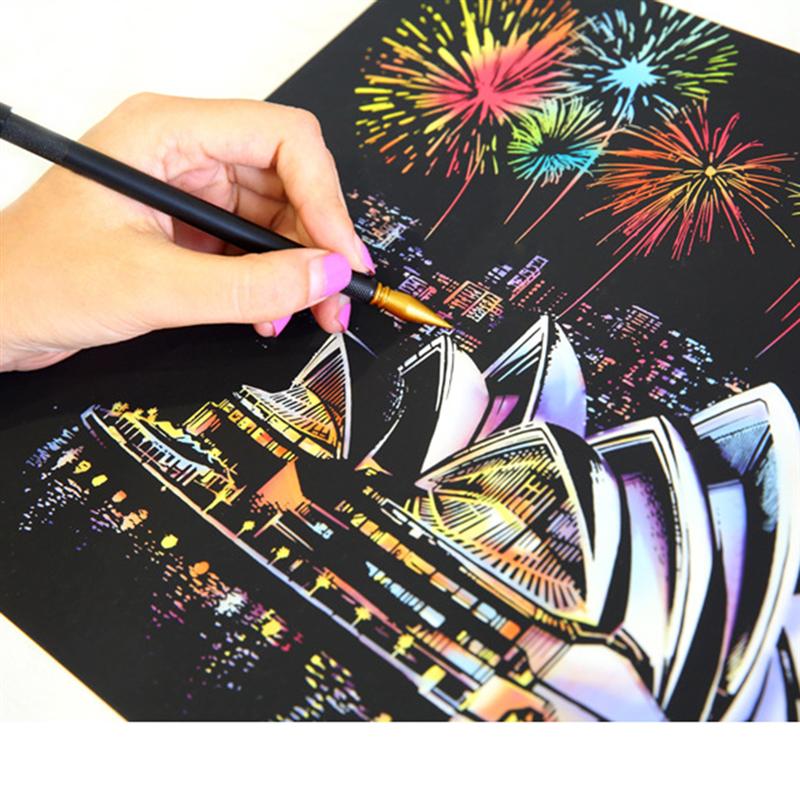 1 Set Dazzling City Night Scene Scratch Painting DIY Scratching Drawing Handmade Scratching Drawing Decompression Tool Diy Craft