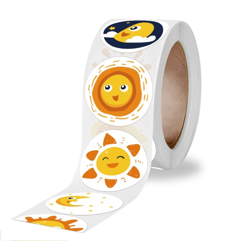 500Pcs/Roll 8 Styles Round Cartoon Sun Smiley Kids Reward Stickers Labels U7EE