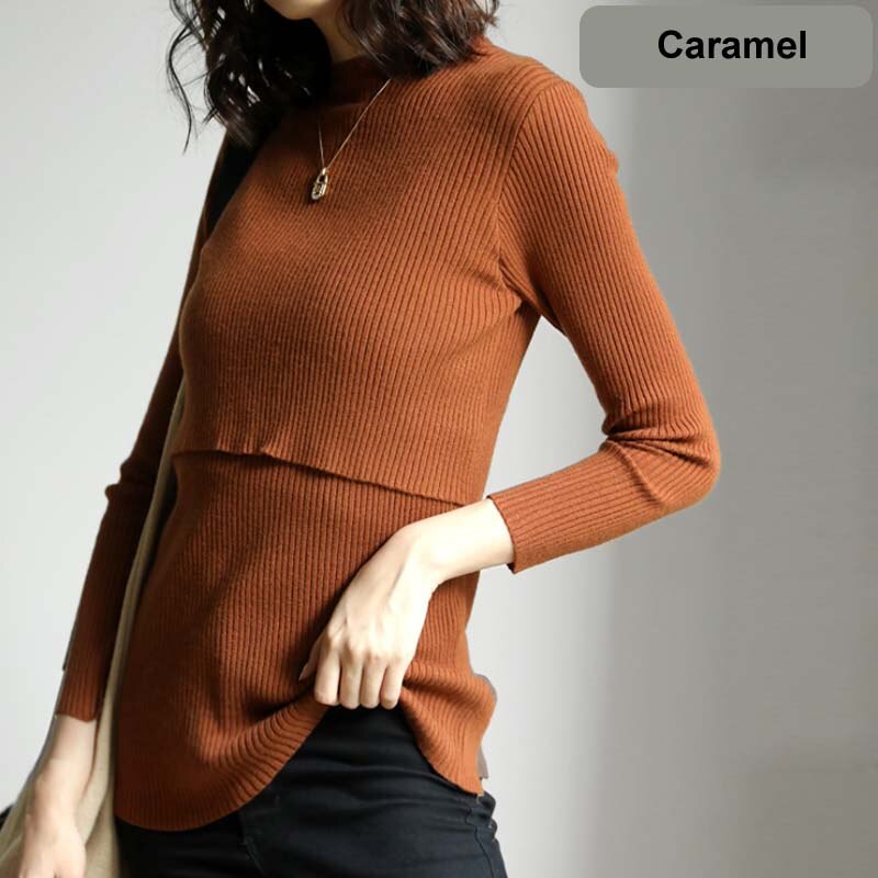Zwangerschapskleding lange mouwen dames tops slanke voedingskleding herfst winter dames trui comfortabele zwangerschapsoutfit: Karamel
