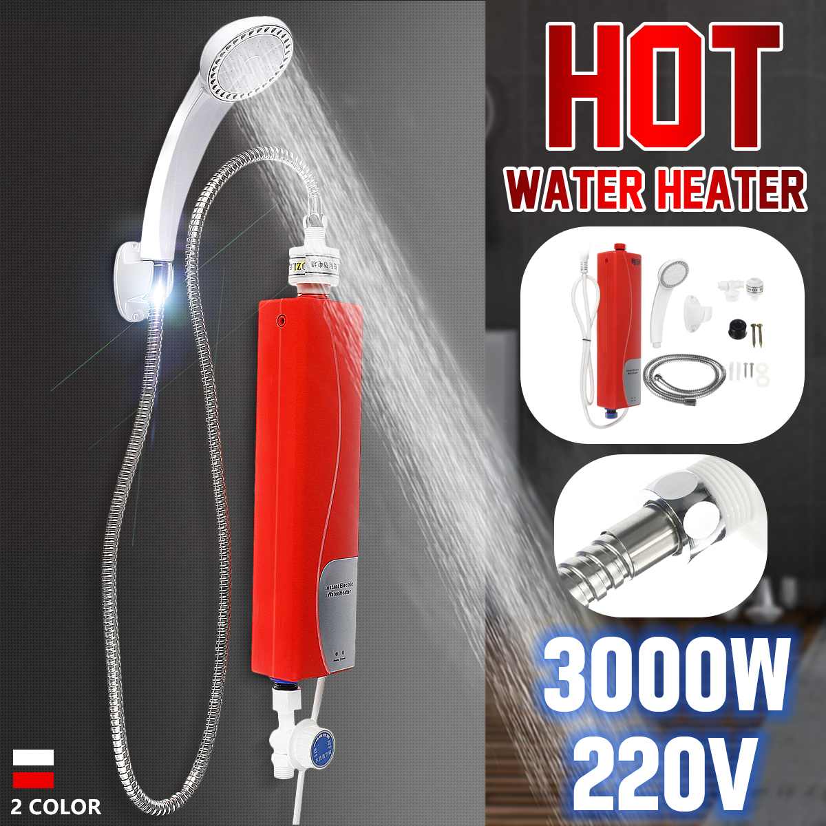 3000W 220V 50Hz Instant Elektrische Tankless Boiler Met Douchekop En Water Pijp Set Keuken badkamer Douche Eu Plug