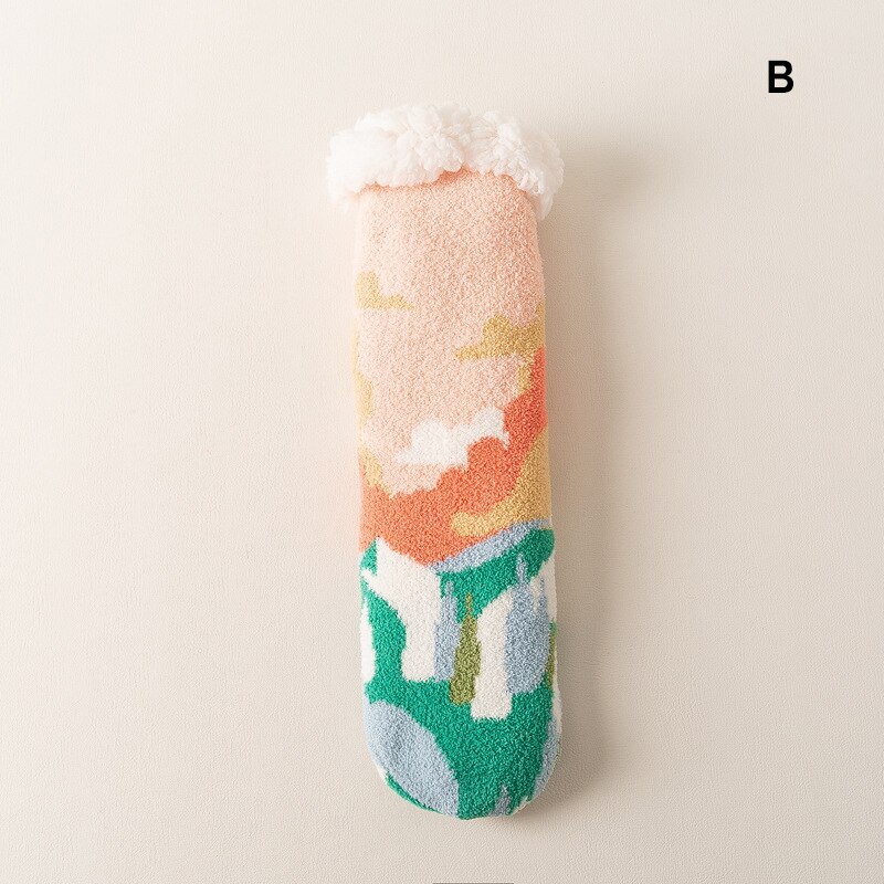 Meias quentes bonitos do inverno feminino com anti deslizamento inferior fuzzy floor socks colorido m09: B