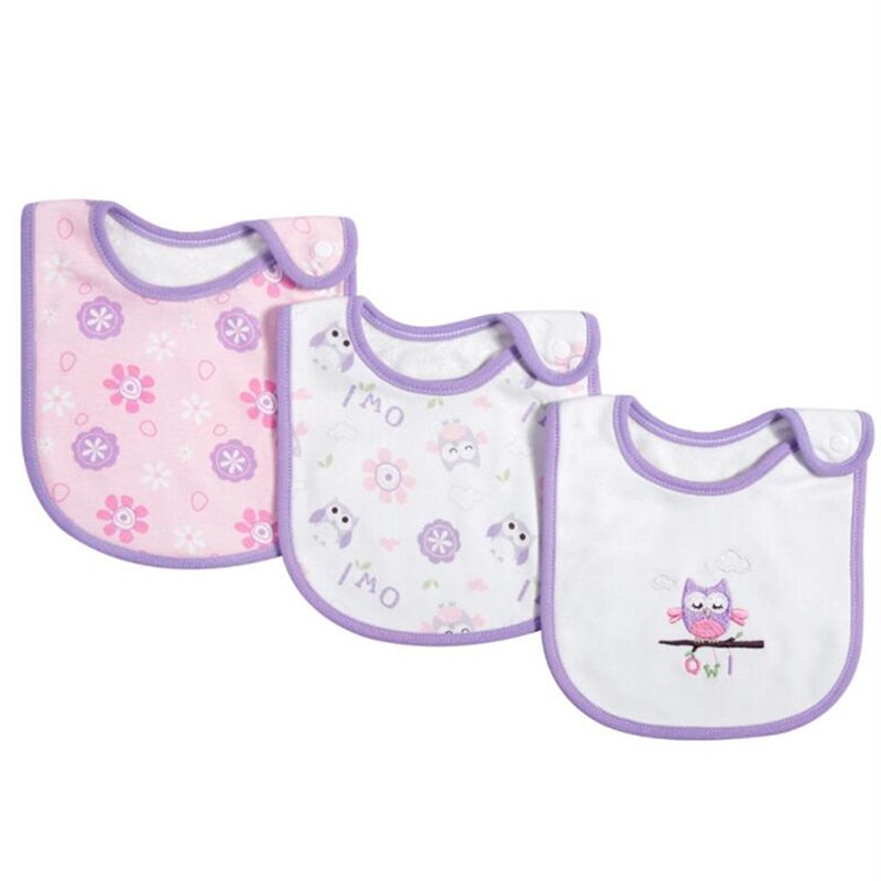 Bavoirs en coton à imprimé de dessin animé pour bébé, mélange de coton, écharpe pour bébé, col de repas, bouton à pression, 3 pièces