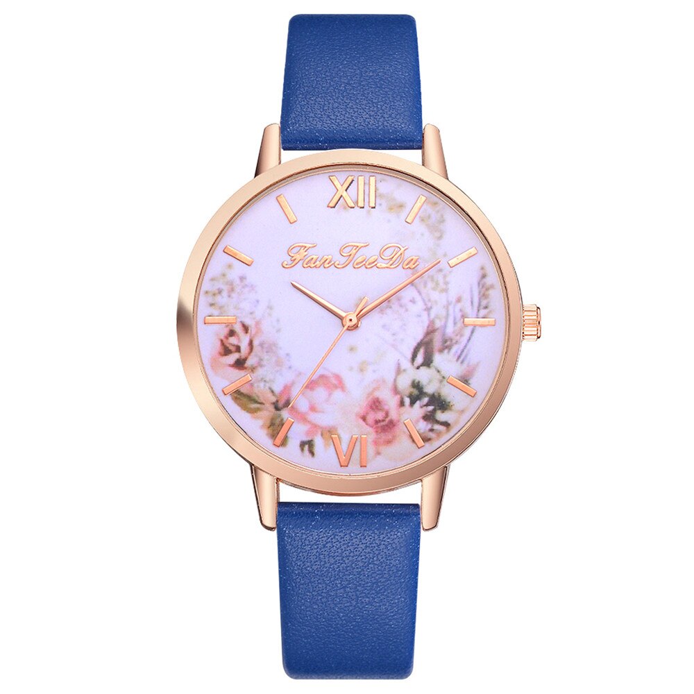 Simple femmes fleur montres Femme dames décontracté en cuir Montre à Quartz Femme horloge Relogio Feminino Montre Femme: Bleu