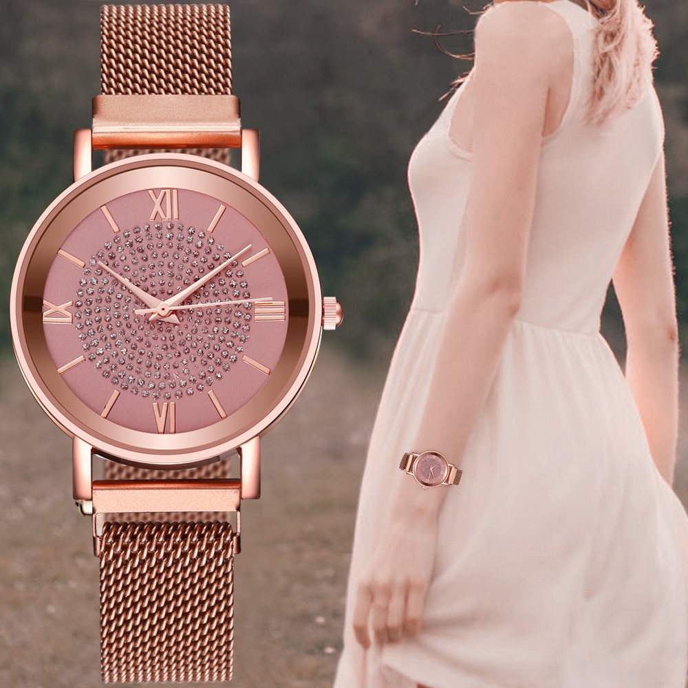 Relojes de de lujo para mujer, elegantes relojes de pulsera de oro para mujer, reloj de pulsera de cuarzo con hebilla magnética de malla inoxidable