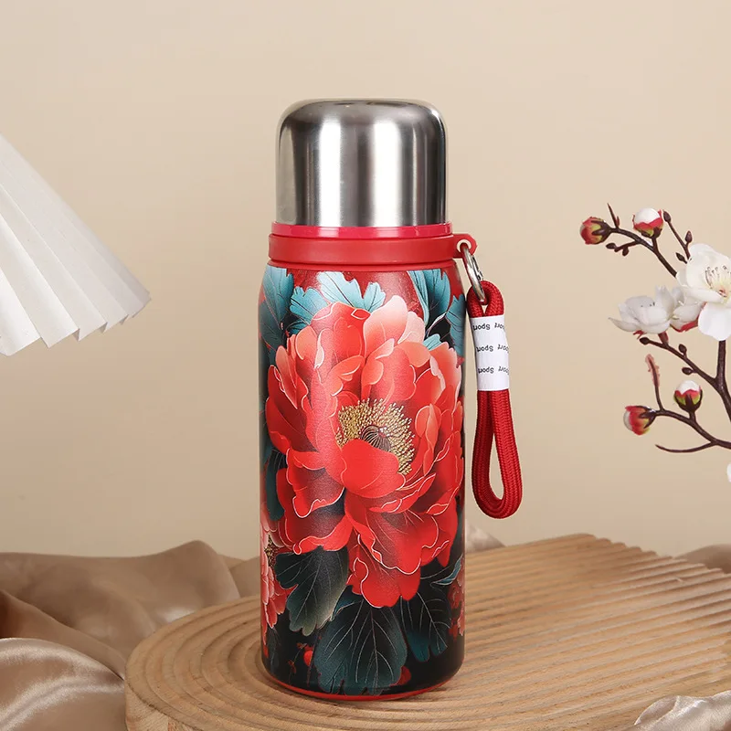Retro and Bustling High-value Insulated Cup with Rose Pattern Double-layer Water Cup Car Portable Drawstring Stew Cup