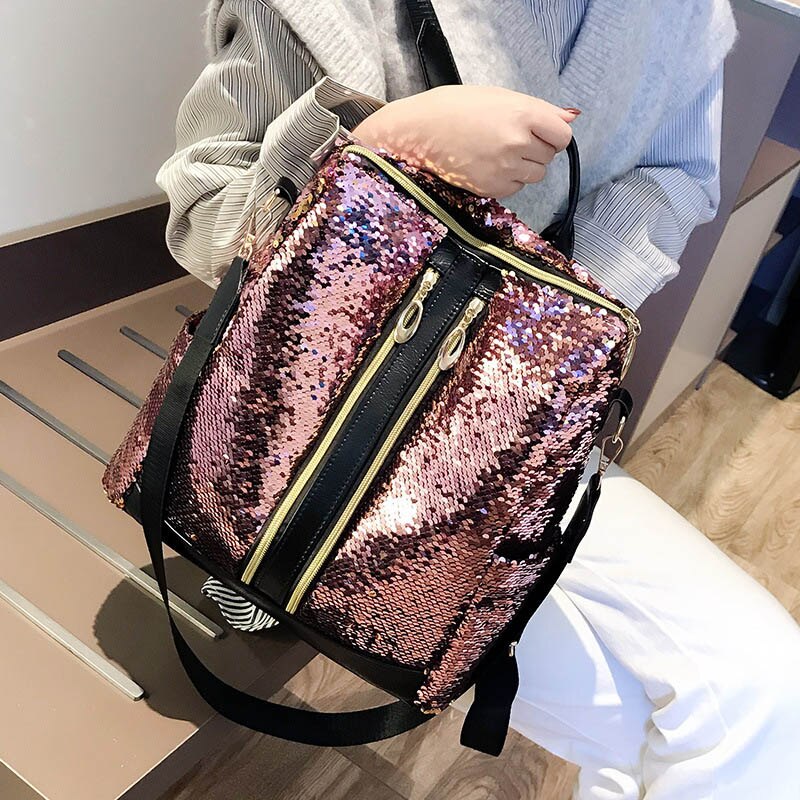 Frauen Rucksack Glitter Pailletten Schulter Rucksack Mädchen Bling Reise Schule Tasche Rucksack Weiblichen PU Daypack Mochila Feminina Mujer: Rosa