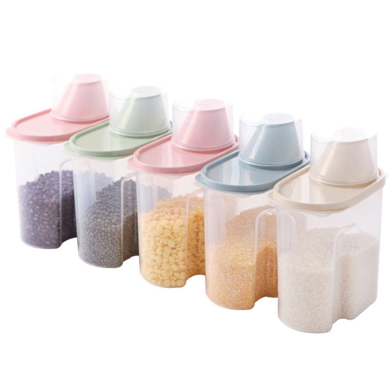 1,9/2.5L dispensador de cereales con caja de almacenamiento con tapa envase de plástico para arroz alimentos sellado tarro latas para cocina grano frutos secos refrigerios