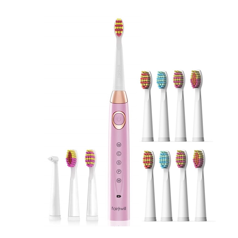 Fairywill – Brosses à dents électriques Sonic pour adultes et enfants,appareil de blanchiment rechargeable avec minuterie intelligente et 10 têtes de rechange, 5 modes de nettoyage,: 508Pink-FW04-2