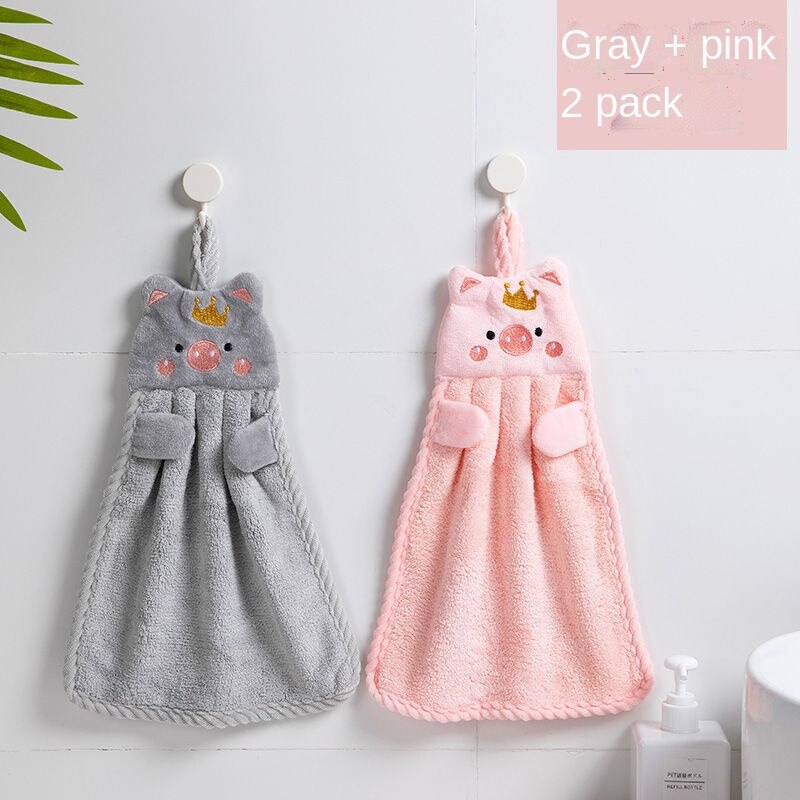 2 Pcs Cute Children's Handkerchief Towels Hanging Thickened Pure Cotton Absorbent Bathroom Face Wash Towel Kitchen Accessories: gray pink-send hooks