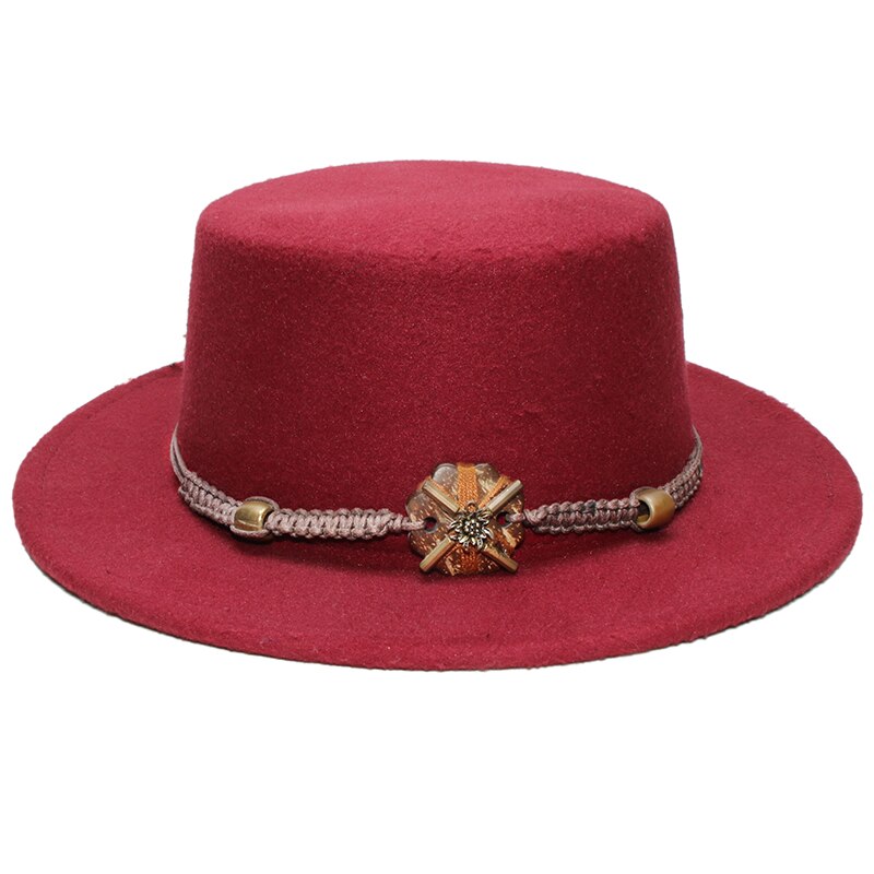 Retro Unisex Women Men /Kid Child Wool Fedora Flat Dome Oval Top Bowler Porkpie Pork-pie Hat Wood Bead Knitted Band (54/57cm): Wine / Kid Size 54cm