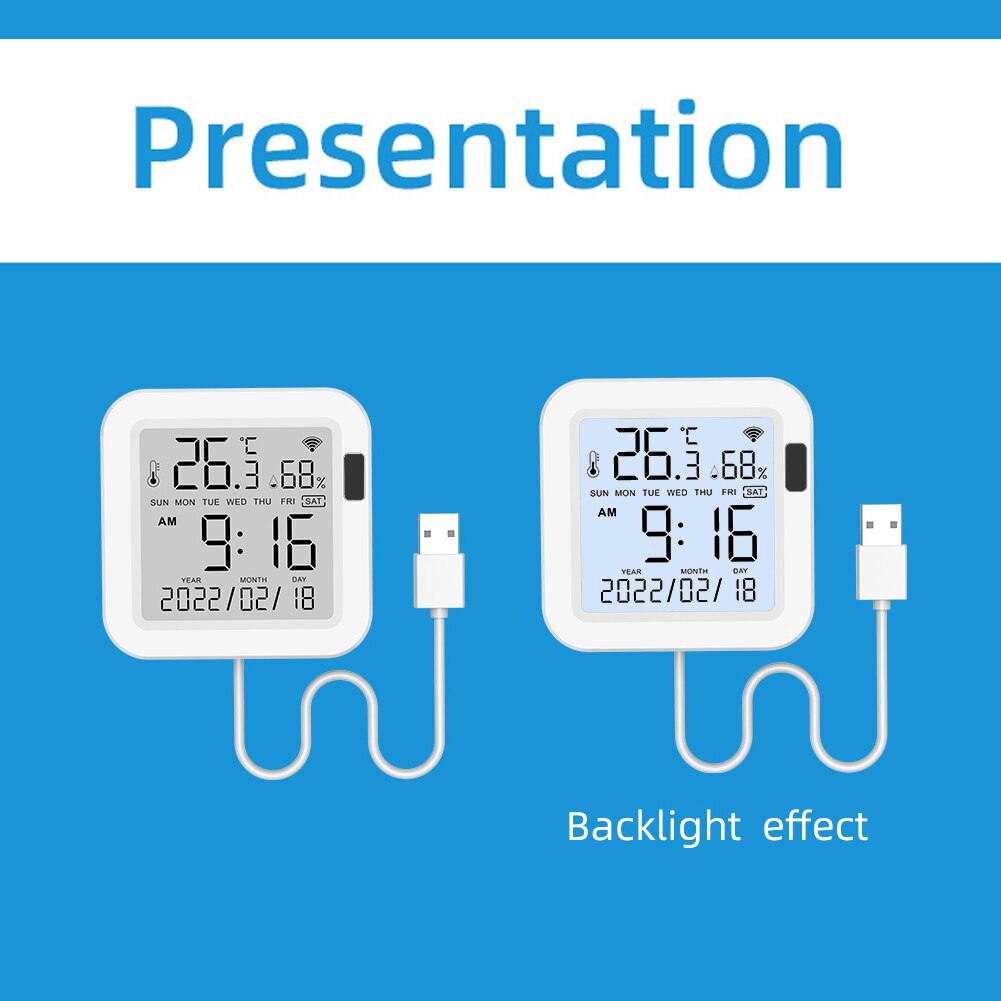 Sensor inteligente de temperatura y humedad, dispositivo con Wifi, retroiluminación, pantalla LCD para invernadero doméstico, compatible con Alexa y asistente de Google, Tuya