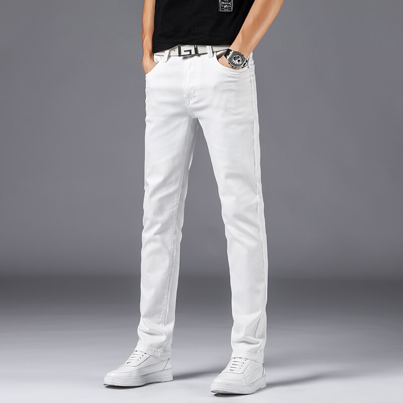 Men White Cotton Slim Straight Men Casual Stretch Skinny Jeans Straight fit Trousers White Pants Solid Colors Jeans