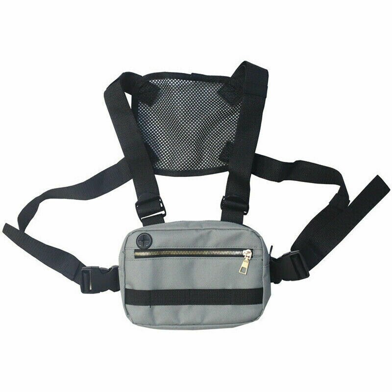 Unissex moda feminina tático arnês peito rig saco hiphop streetwear náilon frente fanny pacote ajustável: Cinza