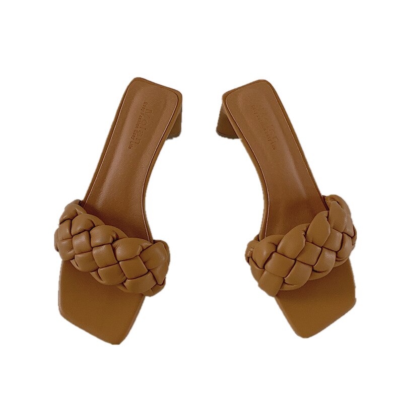 Kvinnor skor tofflor klackar fyrkantig tå låg slides godis färger hög mjuk block pu tyg grundläggande rom blommig gummi pumps