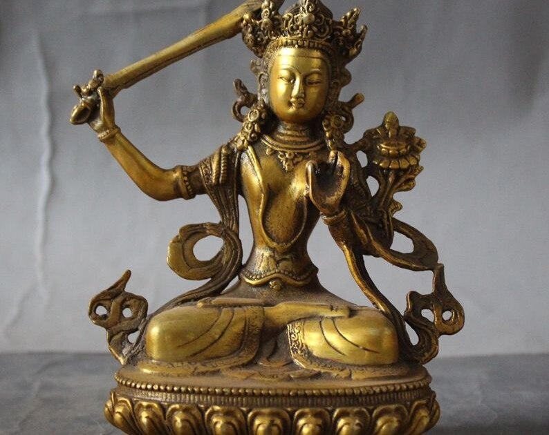 6 "Tibet Boeddhisme Verguld Bronzen Manjushri Bodhisattva Tara Godin Kwan-yin Standbeeld