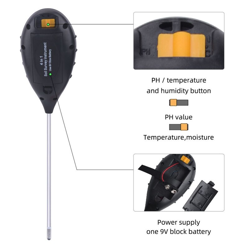Jord ph-mätare 4 in 1 jordtemperatur solfuktighet ph-mätare för trädgårdsväxter blommor lcd-display