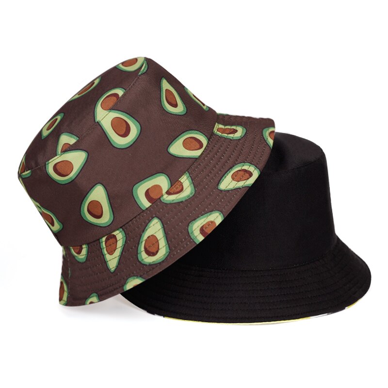 Neutrale fruit bedrukte vissershoed heren outdoor reis zonnehoeden dubbelzijdig draagbare zomerhoed panama emmerhoed: Bruine avocado