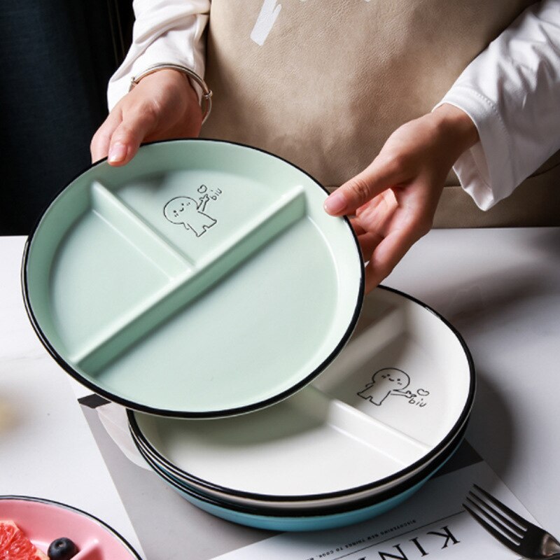 Disques en céramique pour enfants, repas divisé, assiette pour étudiant, assiette de séparation, réduisant la graisse, assiette à trois compartiments, ménage