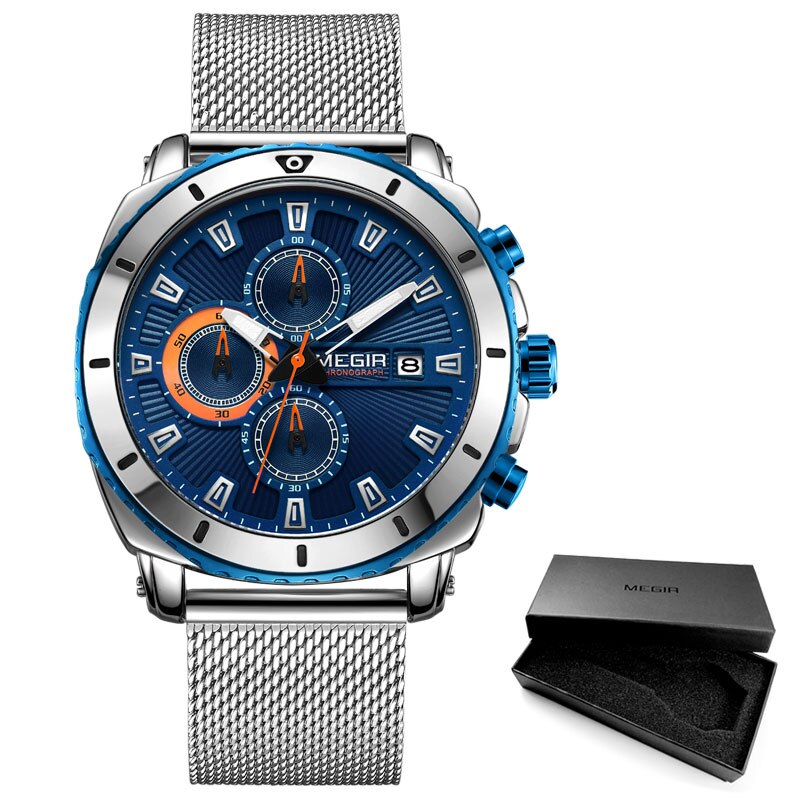 Megir Horloges Mannen Luxe Mesh Band Bedrijf Quartz Horloge Voor Man Top Waterdichte Leger Sport Pols Horloges Blauw gezicht: MS2075G-Blue-Mesh