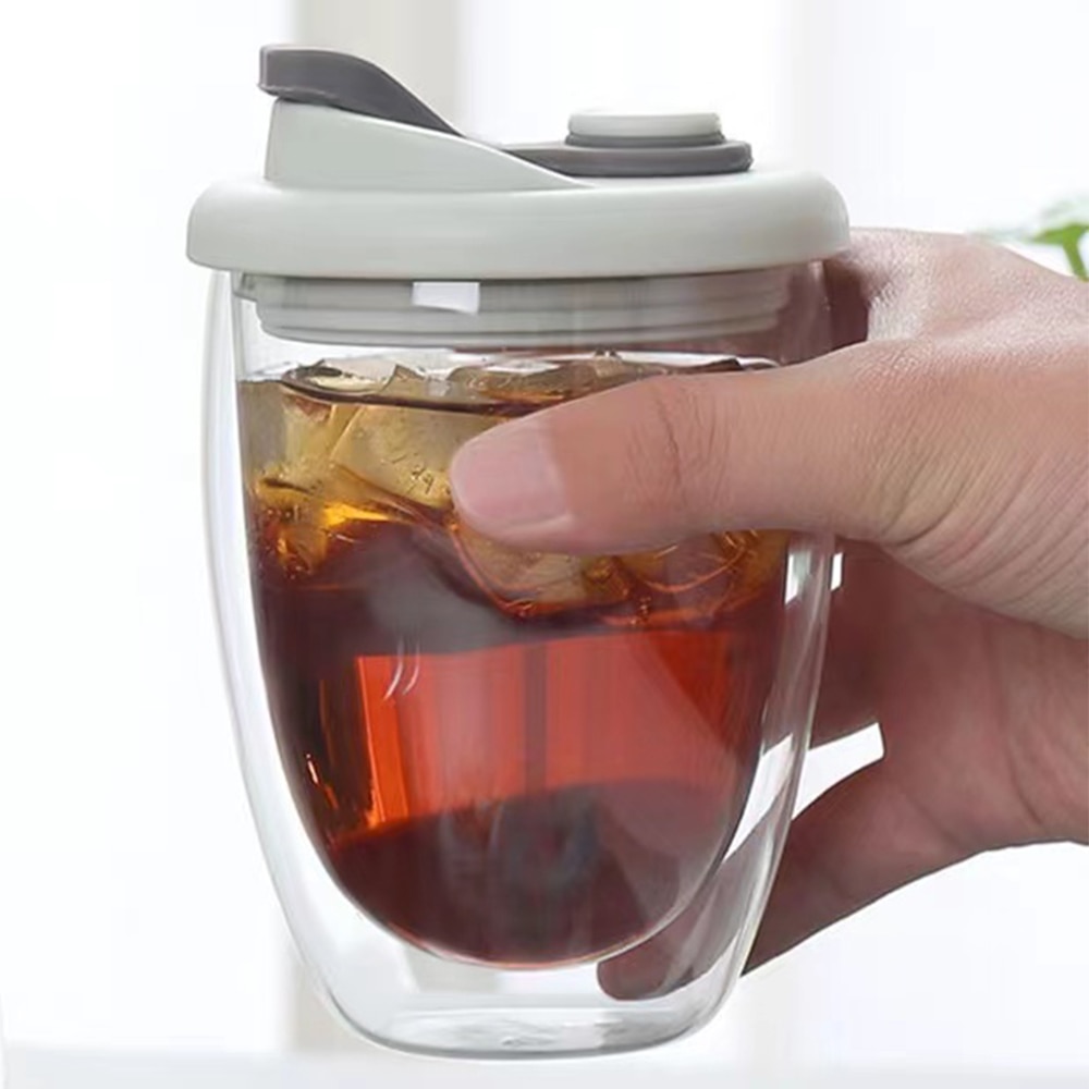 Leak Proof Double Wall Glass Cup With Airtight Silica Gel Lid Insulated Coffee Mug Tea Juice Cup Insulated Glass Egg-Shaped Cup