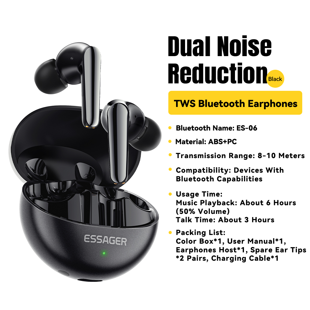 Essager Wireless Bluetooth 5.3 Headset Dual Noise Cancelling Touch Control Ohrhörer mit Mikrofon HiFI Stereo Sound Kopfhörer: Black