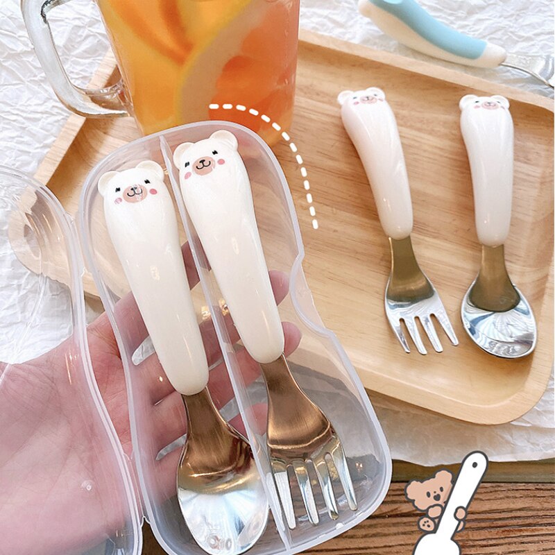 Kawaii Bear Cutlery Set Ceramics Handle 304 Stainless Steel Spoon and Fork Set Kitchen Dinnerware Flatware for Kids Adults