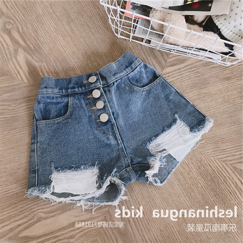 Flicka jeans shorts bebis flicka knapp gylf jeans shorts barn casual trasiga hål byxor flickor stretch slitna jeans: Blå / 3t