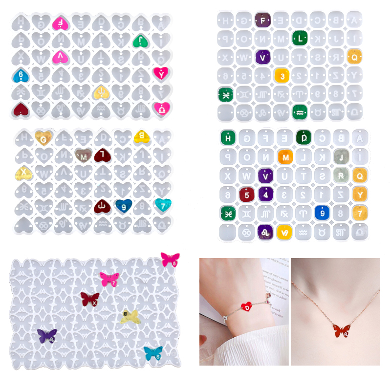 Moldes cuadrados de silicona con forma de corazón, letras y números, dijes, colgante, resina epoxi, molde de cuentas del alfabeto para pulsera DIY, suministros para fabricación de joyas