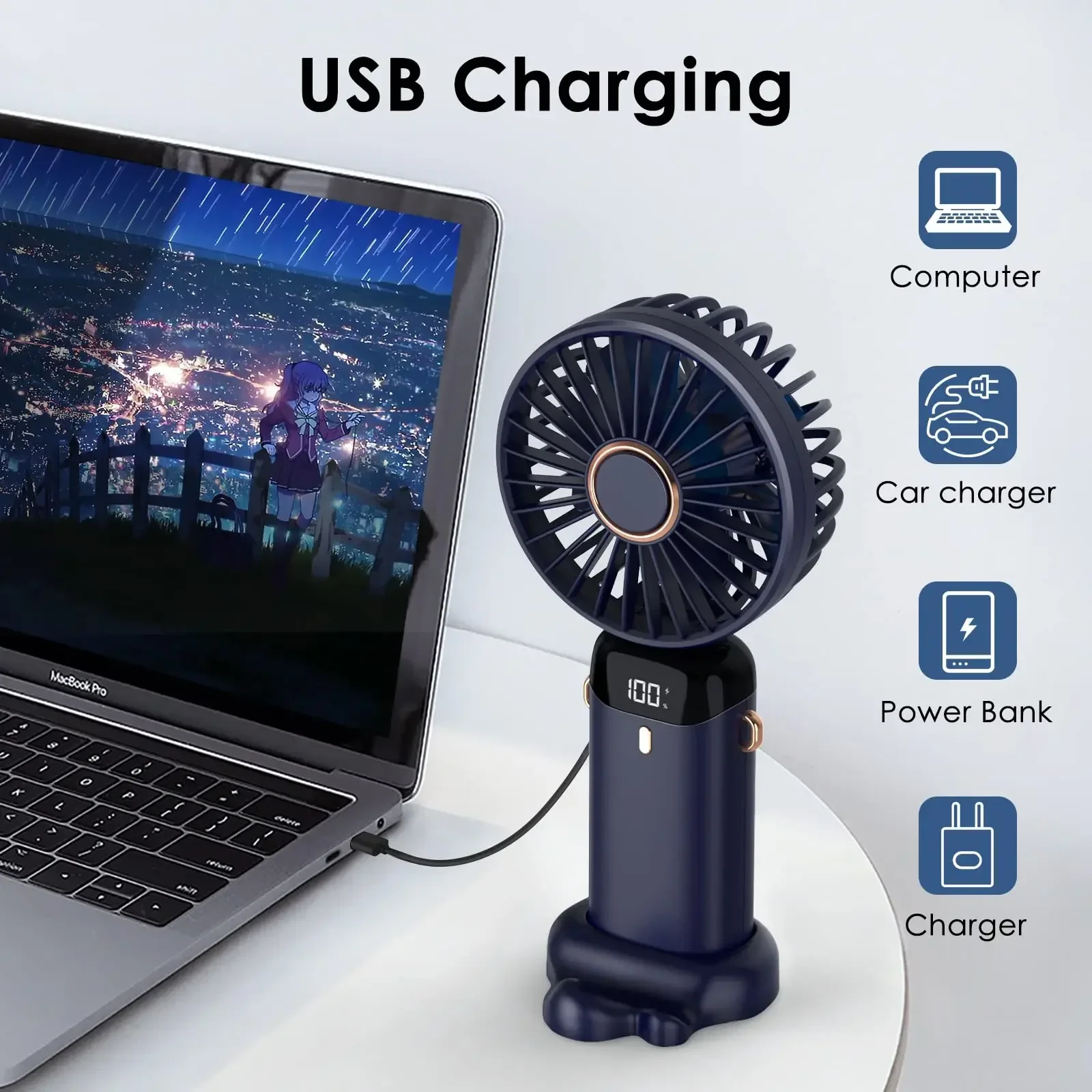 Ventilador Portátil 5000mAh Recargable 90 ° Mini aire acondicionado plegable de 5 velocidades, ventilador pequeño, enfriador de aire con pantalla digital LED
