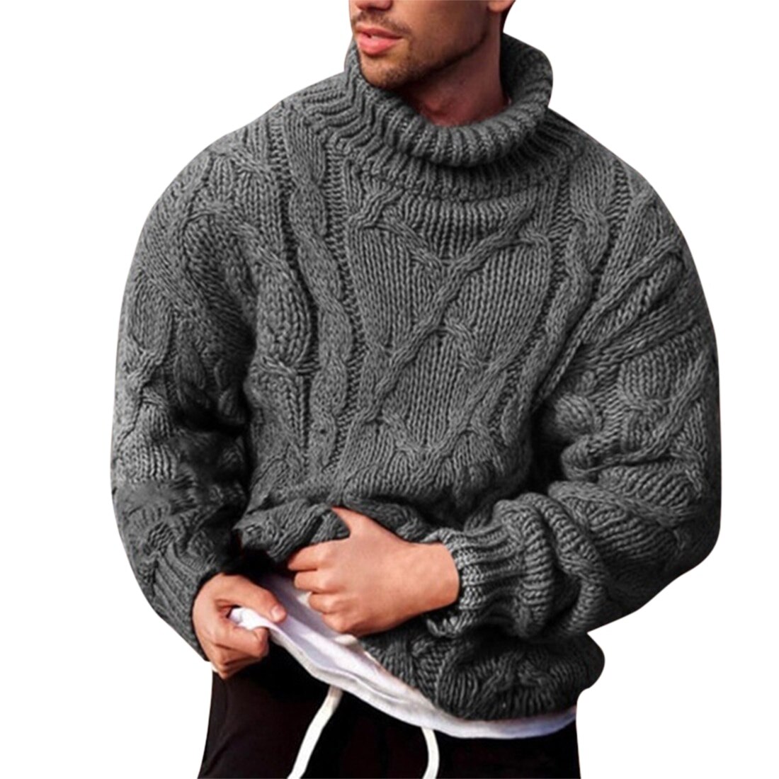 Pull à col roulé pour homme, pull chaud, épais, couleur unie, manches longues, tricot torsadé, décontracté, automne hiver: Gris / Taille asiatique s