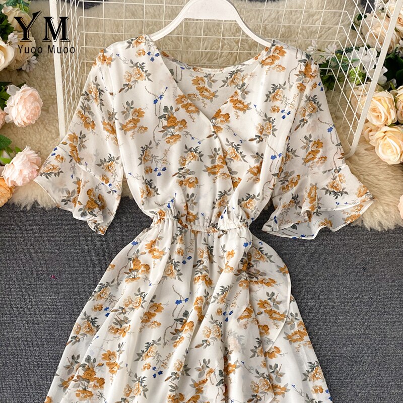 Yuoomuoo Bloemenprint Tube Chiffon Jurk Vrouwen Mode Elastische Taille Ruches Midi Jurk Zomer Lady Chic Strand Jurk