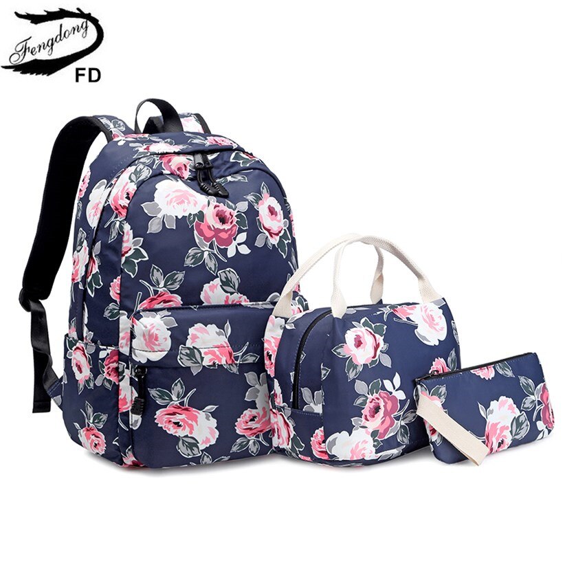 FengDong 3 teile/satz mädchen rose blume druck schule rucksack set kinder floral tasche reise rucksack schule taschen für teenager mädchen: blue