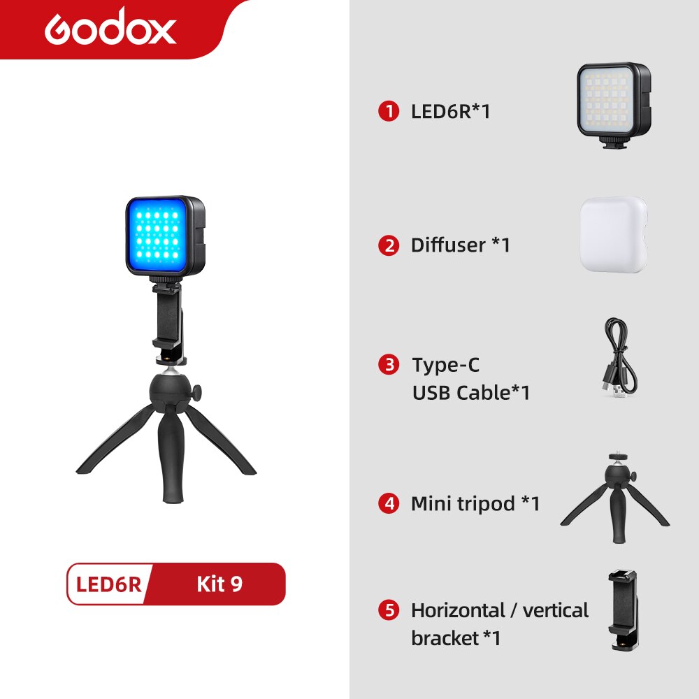 Godox LED 6R RGB Video Licht, dimmbar 0-360 Voll Farbe 3200K-6500K 13 FX Effekte Gebaut-in 1800mAh Li-Ion batterie für Video Licht: Bausatz 9