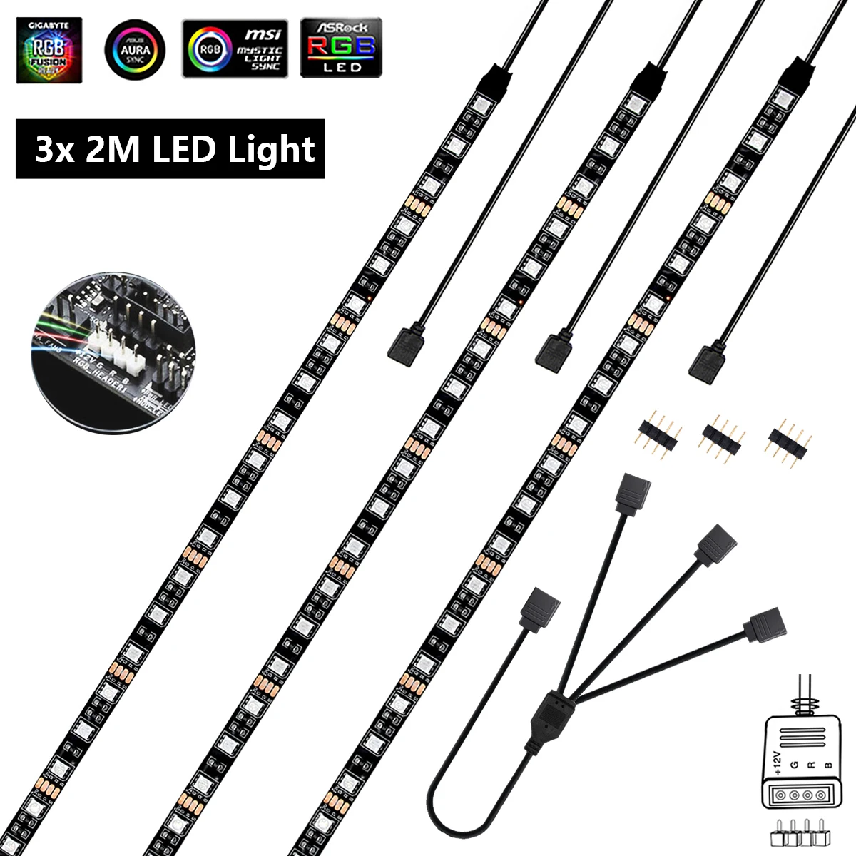 Tira de luces LED RGB 5050 para juegos, línea de rama para 12V Aura Sync, Control de placa base, carcasa de ordenador, 0,5 M- 2M, 4 pines, cabezal RGB: Blanco / RGB