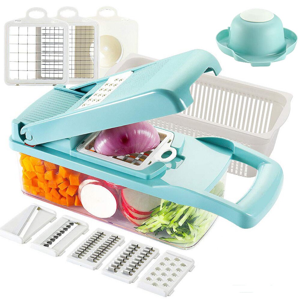 12 in 1 Multifunctional Mandoline Slicer Cutter Vegetable Choppers Adjustable Onion Potato Slicer Dicer Kitchen Vegetables Tools: Blue Chopper