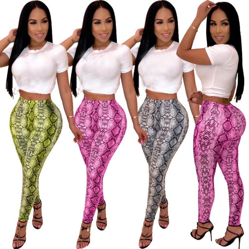 Womens Stretch Snakeskin Leggings Broek Grijs Geel Slangenprint Legging