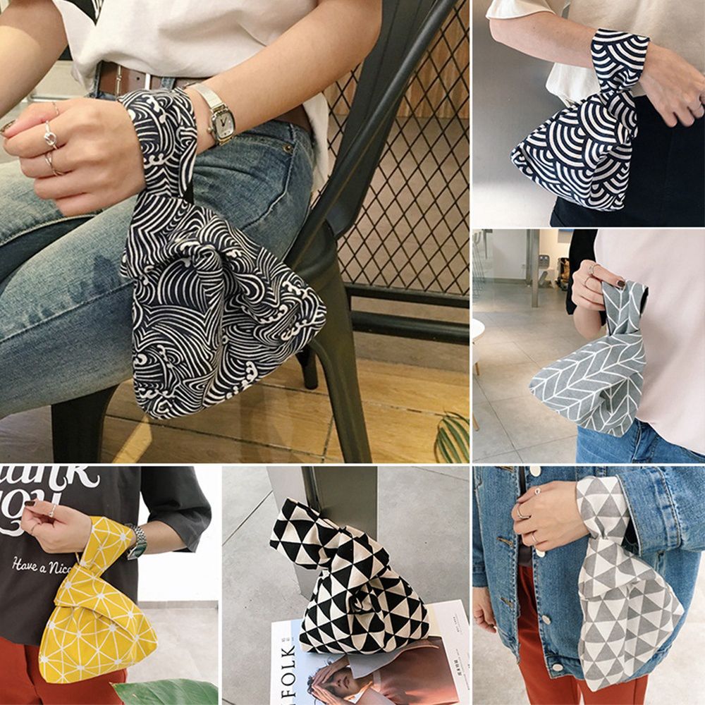 Sac à poignet Style japonais en toile de coton Simple avec nœud, sac à main à grille de fleurs, sac de marche avec clés de téléphone portable, déjeuner