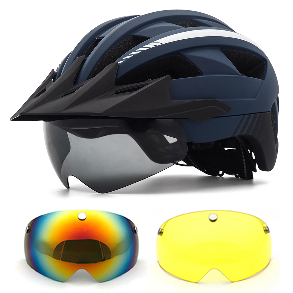 MTB Cycling Helmet XC Off-road Road Mountain Bike Bicycle Helmets With Sun Visor and Goggles for Men women Cycling sports helmet: Navy blue-2