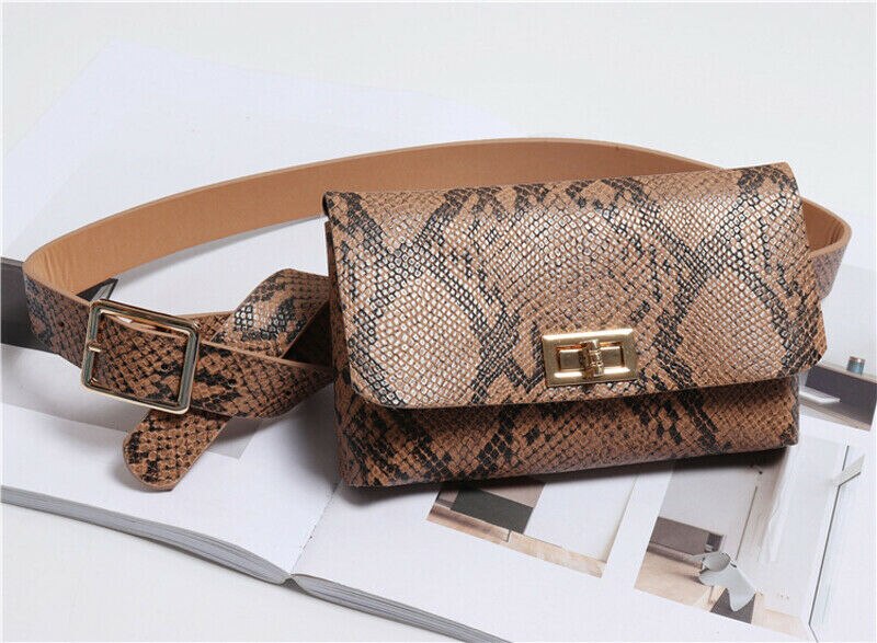 Snake bælte taske dame mini talje taske pu læder fritidsrejse fanny pack: Slange lysebrun