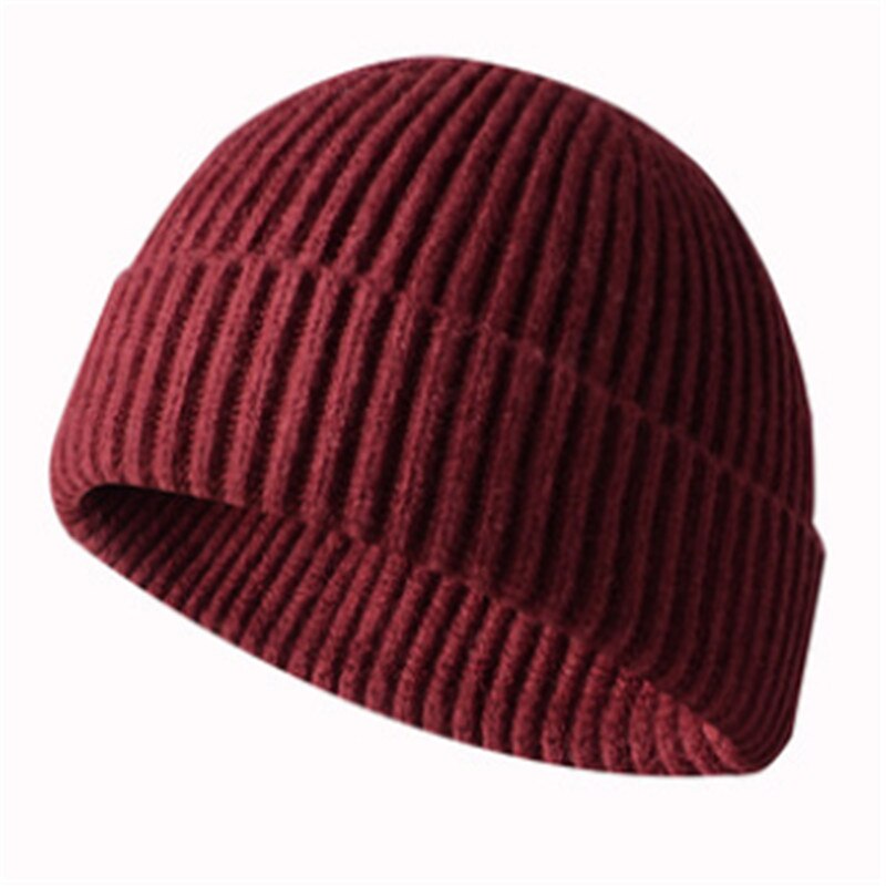 Mænd / kvinder vinterstrikket hat beanie skullcap sømand cap manchet brimless retro varm: Rødvin