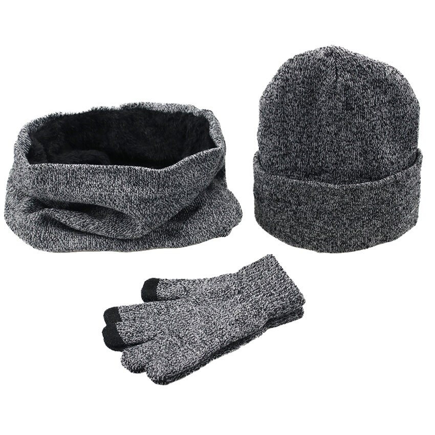 Kvinder vinterhuer tørklæder handsker kit strikket plus fløjlshue tørklædesæt til mandlige kvinder 3 stk/sæt huer tørklædehandske: Lysegrå